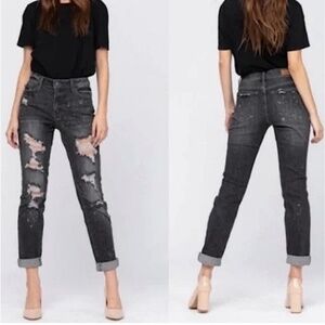 NWT Judy Blue Black Destroyed Mid Rise Roll Cuff Boyfriend Jeans JB8867